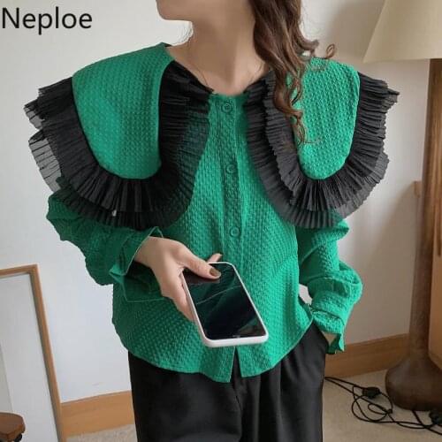 Neploe Camises De Mujer Korean Chic Blouses Women Sweet Lace Patchwork Peter Pan Collar Shirts Elegant Temperament Blouse Tops
