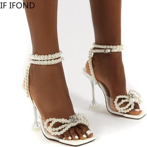 IF IFOND Fashion Pearls Bow Square Toe Sandals Women Summer 2021 PVC Transparent Crystal High Heel Ankle Strap Pumps Women Shoes