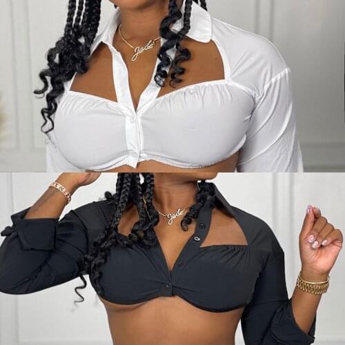 Sexy Hollow Out Open Back Lace-up Super-short Top 2021 Summer Women Fashion Turn Down Collar Button Long Sleeve Shirts Partywear