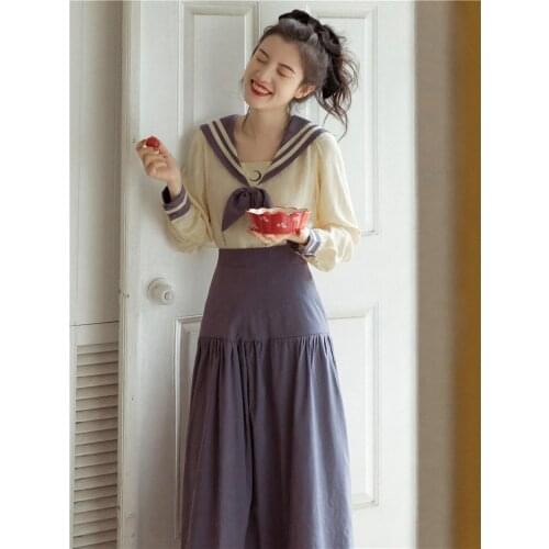 Preppy Style Sailor Collar Women 2 Piece Sets Sweet Bow Long Sleeve Apricot Shirt & Purple Maxi Skirt Vintage Modern Outfits