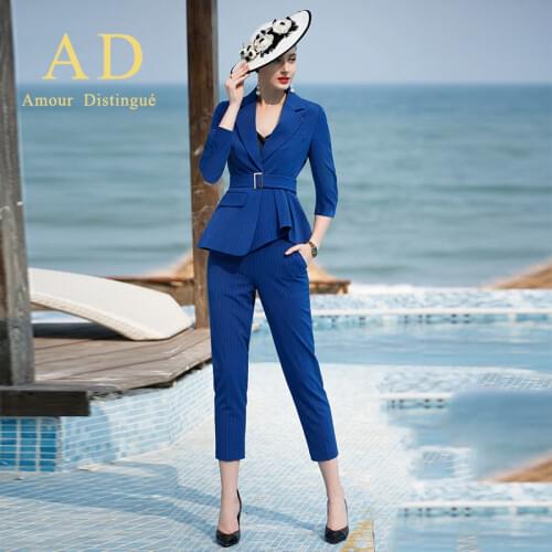 Women s office suits set professional female business lady suit plus size blue stripe blazer pant designer tailor 2019 free ship