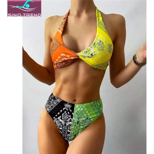 2021 Printed Splicing Female Swimsuit High Waist Patchwork Bikini Set Women Two-pieces Halter Swimwear Bather Bathing Suit Swim