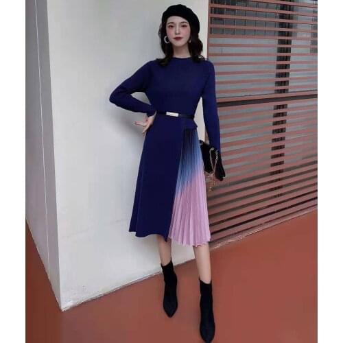 Women Knit Dress Elegant Pleated Gradient Patchwork Fall Winter Robe Belt Lace Up Streetwear Vestidos Female Evening Party Dress