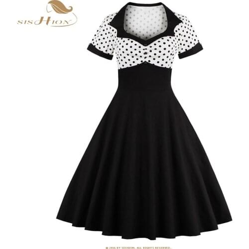 SISHION 2021 Short Sleeve Summer Women Dress S-4XL Plus Size Polka Dot 50s 60s Swing Retro Vintage Dress Black and White VD0429