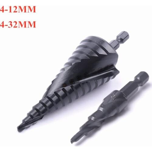 2Pcs/Lot 4-12mm 4-32mm Nitriding Black Spiral Groove Stepped Drill Metalworking Drill Bit with 6mm Hex shank HSS Step Drill Bits