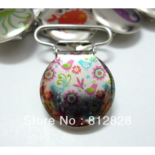 25pcs 1'' 25mm Boys Prints Enamel Painted Spring Flowers and Birds Circle pacifier Clips