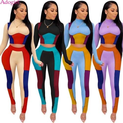 Adogirl Color Patchwork Fitness Two Piece Set Long Sleeve Pullover Slim Pants Suit Tracksuit Sweatsuit GYM Workout Outfit