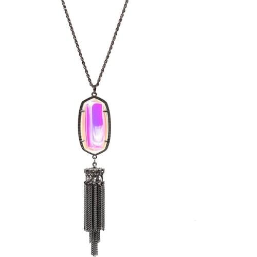 Large Oval AB Color Cats Eye Resin Stone With Claw Long Metal Tassel Pendant Necklace