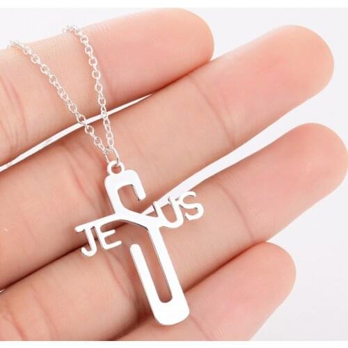Letter Jesus Cross Pendants & Necklaces Men Stainless Steel Never Fade Pendant Chain Religious Necklaces Women Christian Jewelry