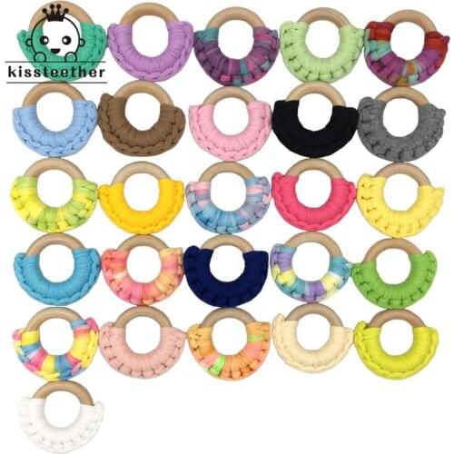 26 colors 5cm(1.97'')Wood Teether Baby Teething Toy Natural Maple Cotton Wooden Ring Charms Chunky Crochet Ring Baby Teether