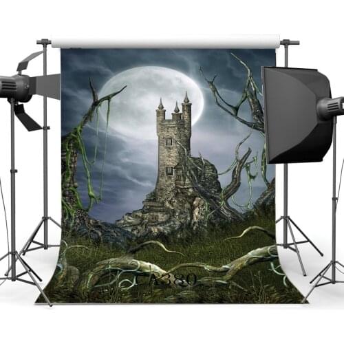Photography Backdrops Halloween Horror Night Mysterious Moon Dreamy Castle Old Tree Grass Field Photo Background