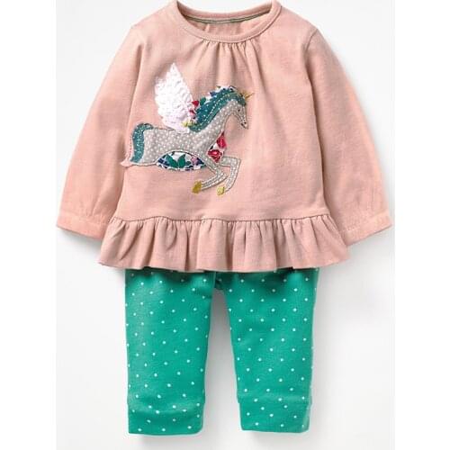 Childrens Clothing Set 2021 Autumn New Girls Animal Casual Cotton Brand Long Sleeve Unicorn Applique T Shirt + Dot Pants