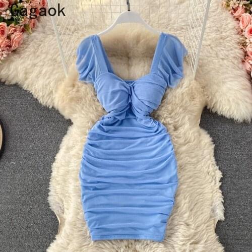 Gagaok Sheath Sexy Dresses Women for Party 2021 Summer French Elegant Temperament Solid Folds Square Collar High Waist Dress