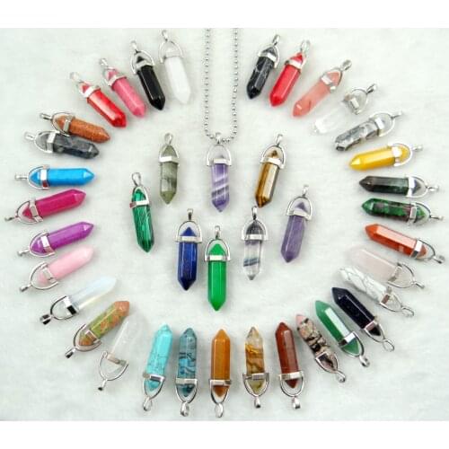 Hot Selling Natural Stone Quartz Crystal lapis tiger eye Hexagonal Column pendulum Pendant for women Jewelry Making Necklace