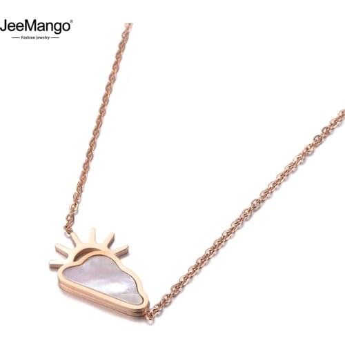 JeeMango Trendy Original Style Titanium Steel Sun & Clouds Pendant Jewelry White Shell Anniversary Necklaces For Women JN19104