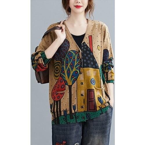Women Autumn Cardigan Sweaters New 2020 Arts Style Vintage Print V-neck Loose Comfortable Female Knitted Cardigan Coats S1537