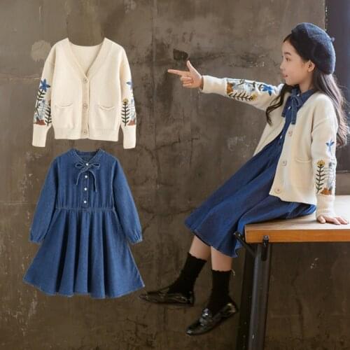 Korean Childrens Clothing Set Girls Long Sleeve Princess Pleated Denim Dress + Knitted Sweater 2 Pcs Suit Kids Fall Clothes B81