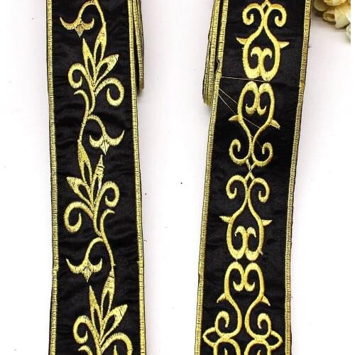 6 Yds Gold Embroidered Lace Black Braid Iron on Band Lace Ribbon Metallic Belt Gold and Silver Trims 5cm