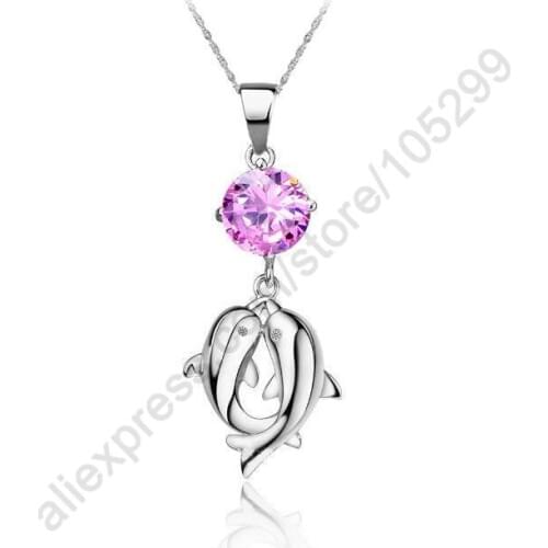 Cute!!! Pure 925 Sterling Silver Charms Double Dolphin Playing Basketball Cubic Zircon Animal Pendant Necklaces Jewelry