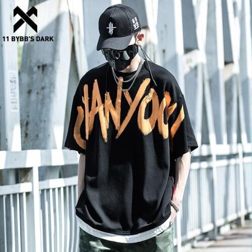 11 BYBBS DARK 2021SS Retro Graffiti Letters Tshirt Hip Hop Loose Fake Two Short Sleeve Tees Streetwear Harajuku Men Cotton Tops