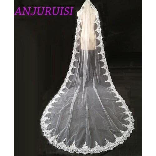 ANJURUISI New Elegant Cathedral Veil Lace Edge One Layer Wedding Veil 2019 White Tulle Bridal Veil In Stock With Metal Comb
