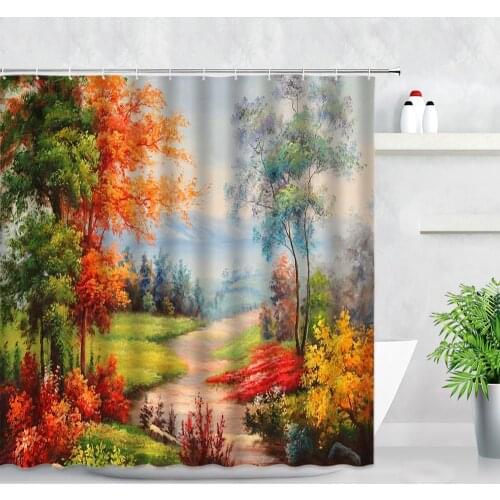 Autumn Scenery Oil Painting Shower Curtains Meadow Trees Yellow Leaves Natural Landscape Art Decor Screens Bathroom Curtain Set