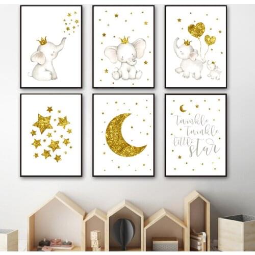 Nordic Posters And Prints Gold Balloon Moon Elephant Quotes Wall Art Canvas Painting Cartoon Wall Pictures For Kids Room Decor