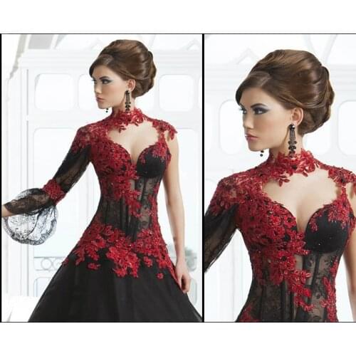 Arabian Design Black and Red High Collar Appliqued Beaded Sheer Back Long Sleeve Puffy Evening mother of the bride Dresses