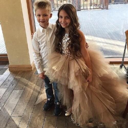 2021 Gold High Low Girls Pageant Gown Appliques Tiered Tulle Flower Girl Dress for Weddings Kids First Communion Dress