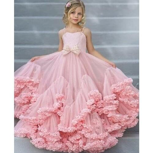 Princess Pink Girls Dresses Lace Tulle A-Line Pageant Gowns Girl First Communion Dress Prom Party Gowns