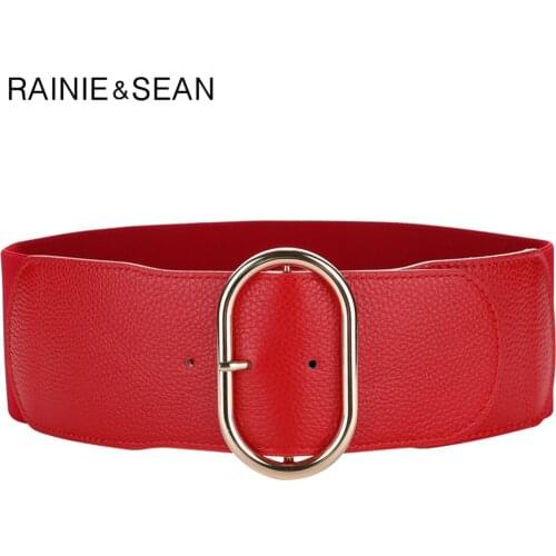 RAINIE SEAN Red Wide Waist Belt Genuine Leather Cummerbunds for Women First Layer Cowskin Women Belt for Dress Accessories