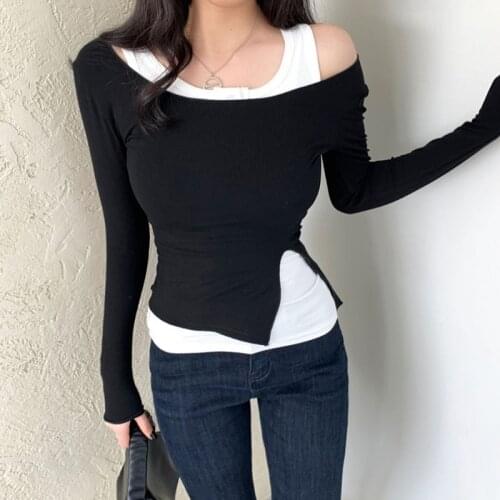 2021 Two Pice Long Sleeve Tops Autumn Korean Fashion O-neck Soild T-shirts Female Casual Slim Soft Cotton BasicTee Shirt Femme