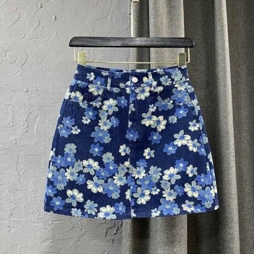 Women 2021 Summer Fashion Flower Print Mini Skirts Female Vintage Denim Skirts High Waist Ladies Pockets Skirt Faldas Mujer Y83