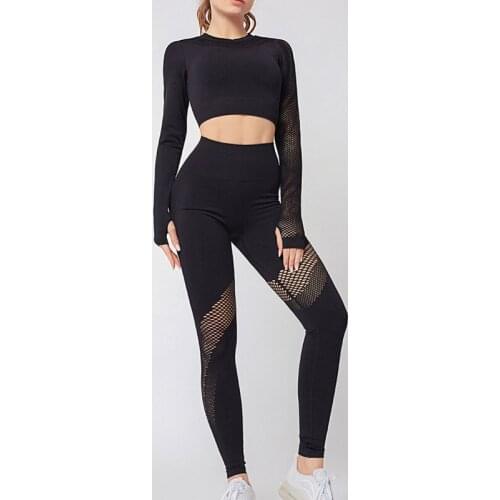 Women 2 Pieces Yoga Sets Gym Clothes Seamless Long Sleeve Crop Tops Mesh Sports Leggings Running Sport Pants Fitness Clothing