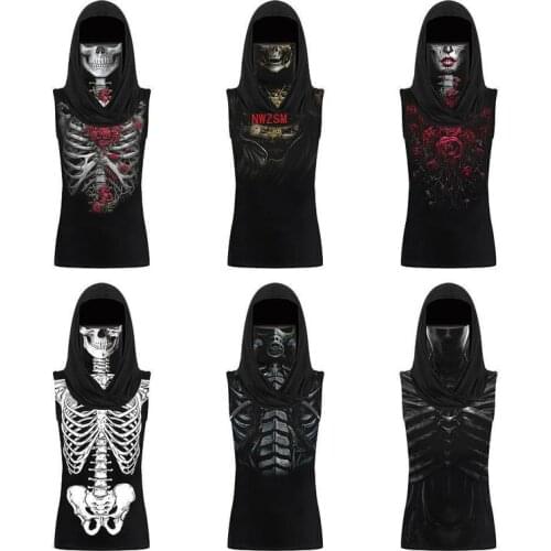 Halloween Summer Skeleton Print Cosplay Costume Women Hooded Tank Top Ear Hanging Mask Scary Horror Carnival Party Sleeveless