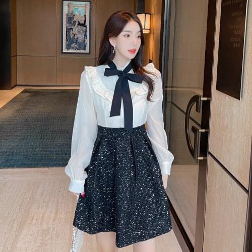 Women Clothing Big Bow Long Sleeve Chiffon Patchwork Sequins Tweed Dresses Robe Vestidos Female New Fashion