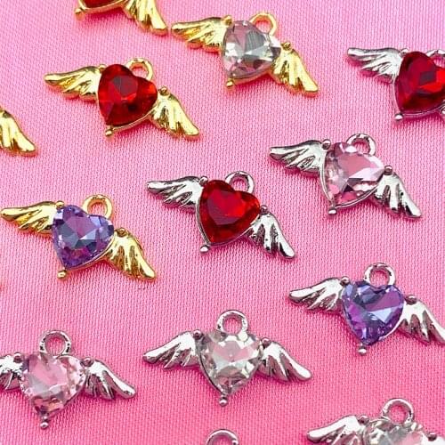 10Pcs Crystal Angel Wings Heart Pendant Charms Golden Silver Metal Accessories Wholesale For DIY Jewelry Making Earring Finding
