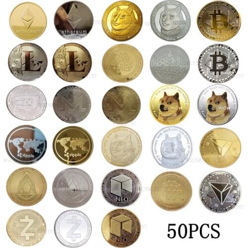 50pcs 40*1.5MM Gold Sliver Plated Bitcoin/Ethereum/Litecoin/Dash/ADA/EOS/Dogecoin/QTUM/TRX Replica Physical Crypto Coins Decor