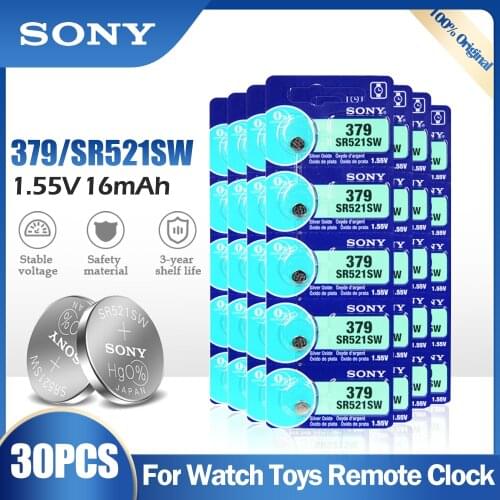 30PCS Sony 379 SR521SW 1.55V Silver Oxide Battery AG0 LR69 D379 SR63 V379 For Watch Toys Remote Button Cell Coin MADE IN JAPAN