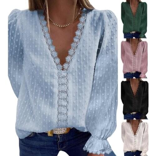 Hirigin Fashion Shirts V-neck White Lace Patchwork Women Tops Blouses 2021 Casual Office Lady Long Sleeve Shirts Femme Blouse