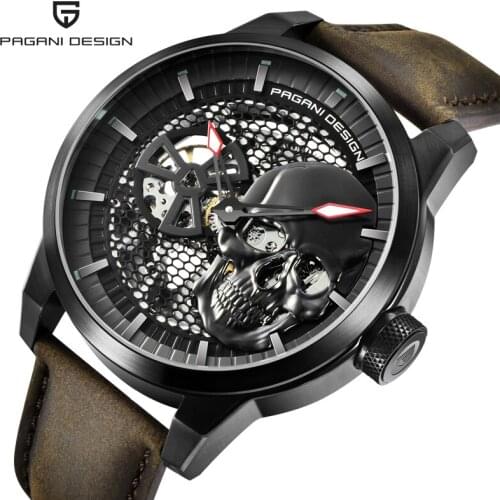 PAGANI DESIGN Pirate Skull Style Men Watch Leather Luminous Mechanical Watches Wateproof 100M Skeleton Wristwatch reloj hombre