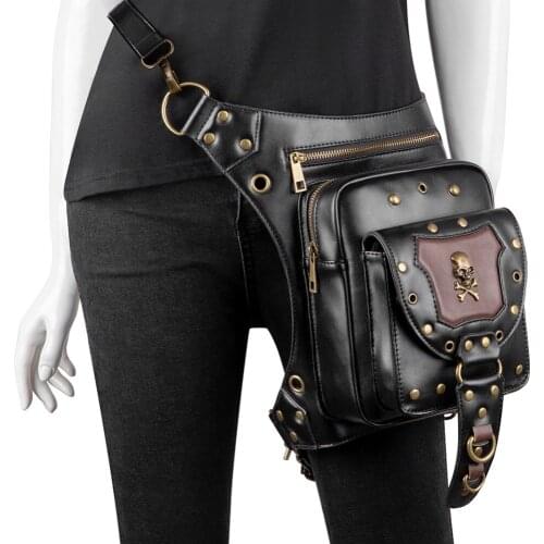 Black&Brown PU Leather Skull Rivet Motorcycle Rock Steampunk Waist Leg Bag Vintage Gothic Crossbody Messenger Bags For Women Men