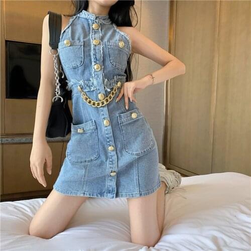 Summer jean denim dress Womens sexy new French retro fashion metal buckle sleeveless heavy industry raw edge sexy denim dresses