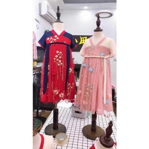 Chinese traditional national clothes daughter red pink dress embroidery hanfu outfits wear children holiday party cheongsam