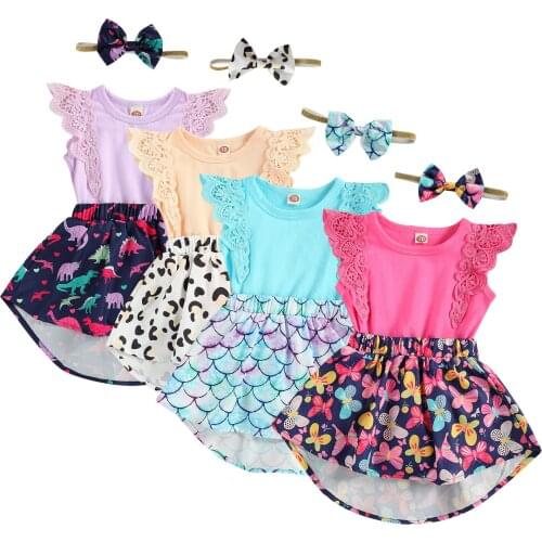 Newborn Baby Girls Two-piece Clothes Set Printed Pattern Sleeveless Round Collar Dress Romper Headdress Pink/ Rosy Summer