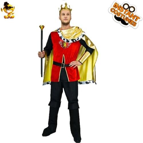 Medieval Adult Costume Set King Crown Novelties Adult Royal Jumpsuit Red Gold One Size Halloween Cosplay Costumes for Mens