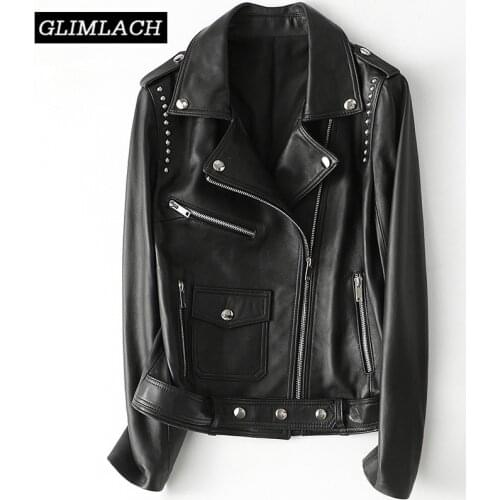 2021 New Rivet Motorcycle Leather Jackets Women 100% Real Sheepskin Genuine Leather Slim Short Coats Autumn Female Bike Jacket