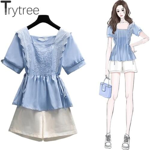 Trytree 2021 Summer Women Two Piece Set Casual Lace Ruffles Drawstring Waist Blouse + Shorts Wide Legs Office Lady 2 Piece Suit