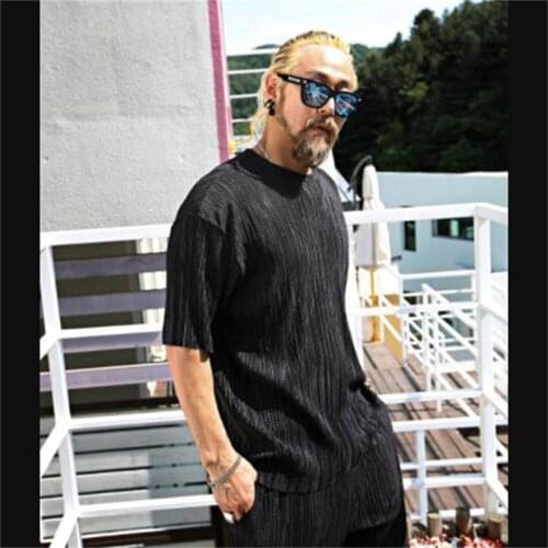 2021 Korean fashion mens new solid round neck stripe loose fashion short sleeve summer large T-Shirt Large