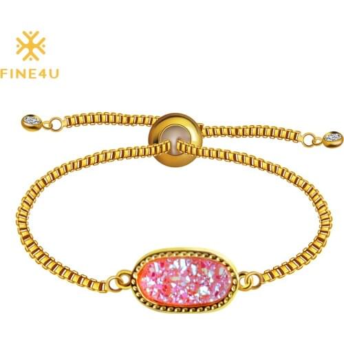 2018 New FINE4U B023 Natural Druzy Stone Charm Bracelet Chain Link Bracelet For Women Bridal Bracelet Jewelry Fashion Bangles
